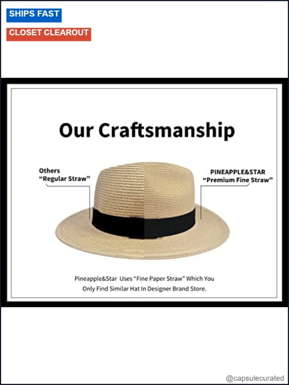 Unisex Straw Fedora UPF50+ Packable Beach Panama Hat Travel